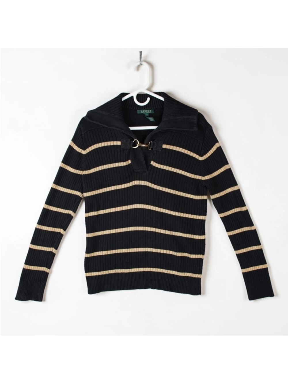 Lauren Ralph Lauren Pullover Clasp Shawl Neck Sweater Womens X-Large Gold Black